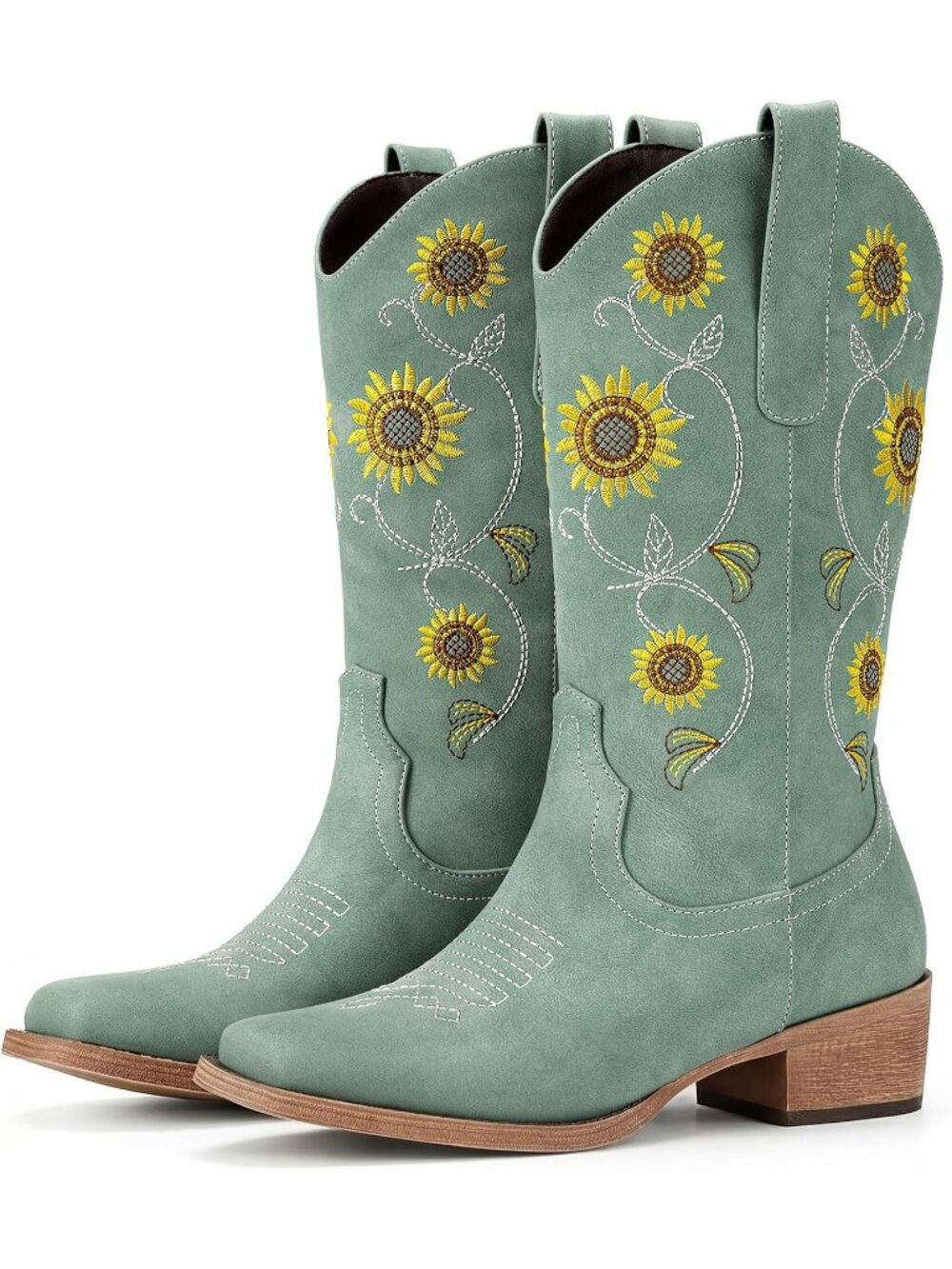 Women's Green Sunflower Mid Calf Embroidered Western Square Toe Cowboy Boot - Picture 5 of 6
